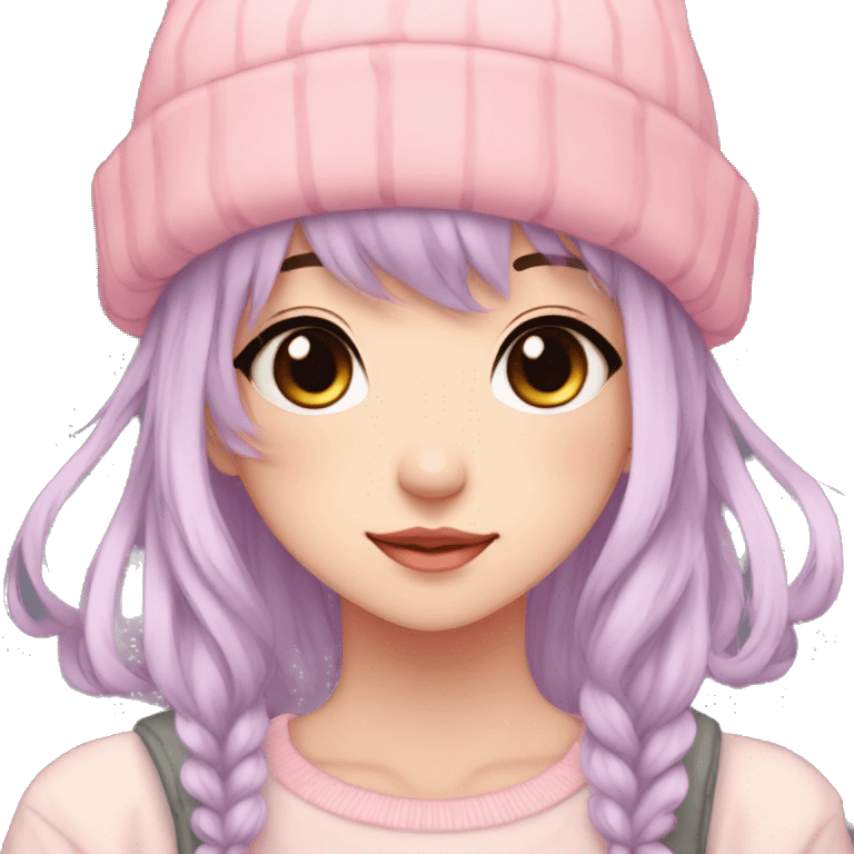 Gorgeous pastel anime girl with blushing face and hair garnitures and pretty hair and a beanie aesthetic trending style emoji