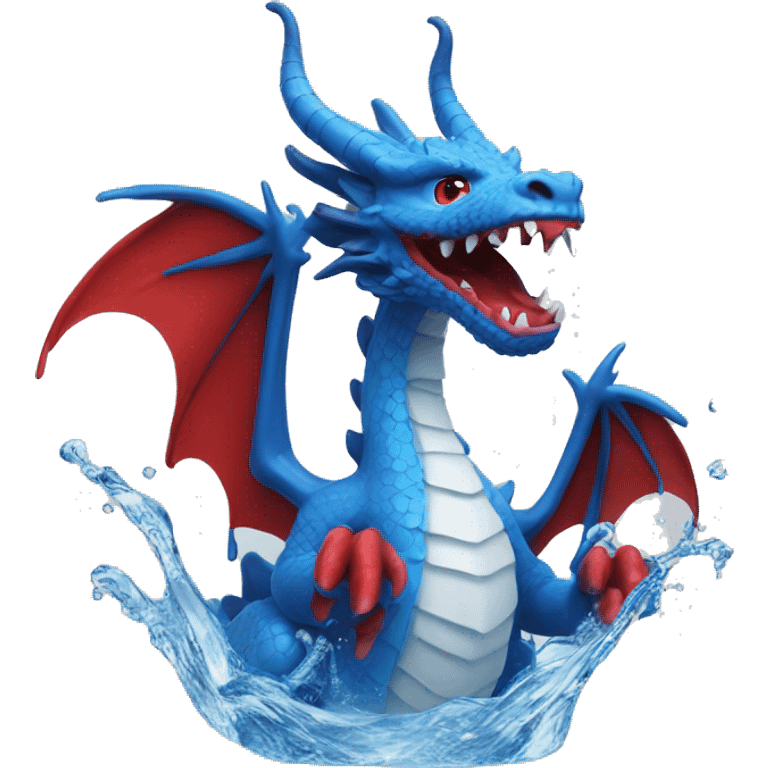 A blue dragon with red and white horns in a av filled with water  emoji