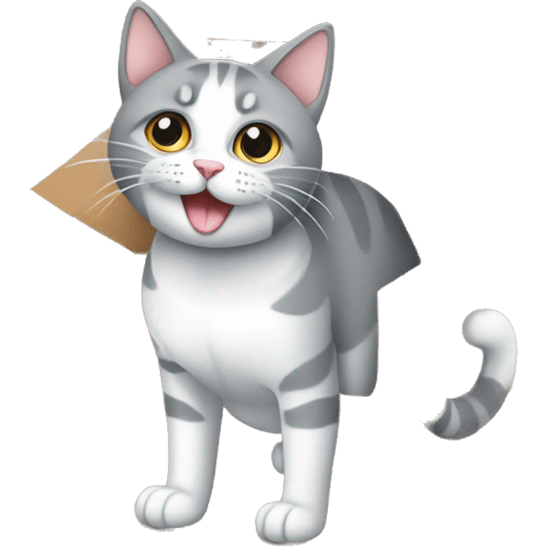 Gato gordo gris y blanco dentro caja de carton emoji