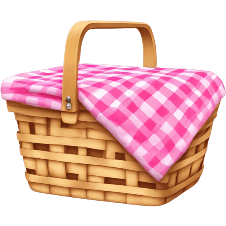 Wicker picnic basket with pink gingham blanket emoji