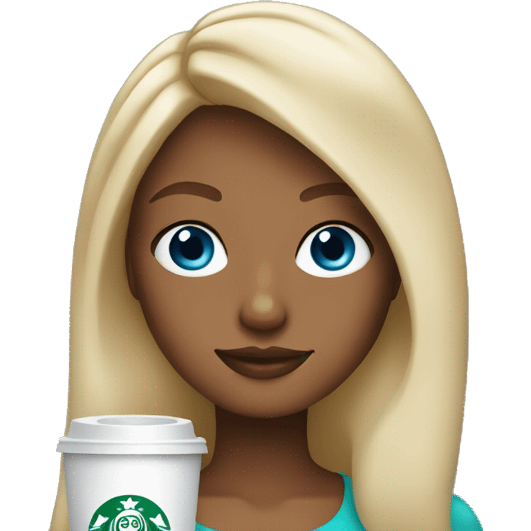 blonde girl blue eyes with Starbucks cup drink emoji