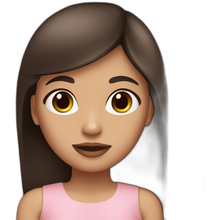 A girl with brown eyes, long straight brown hair, plump pink lips in a black dress emoji