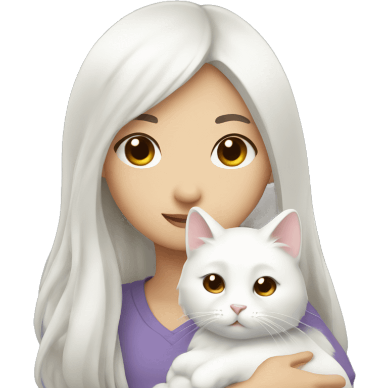 asian girl snuggling fluffy white cat emoji