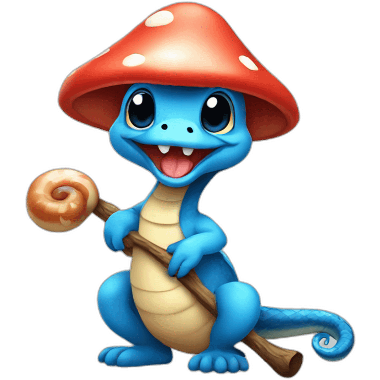  Cute Blue snake NO ears wearing a mushroom cap carrying a stick in one arm standing on two legs emoji