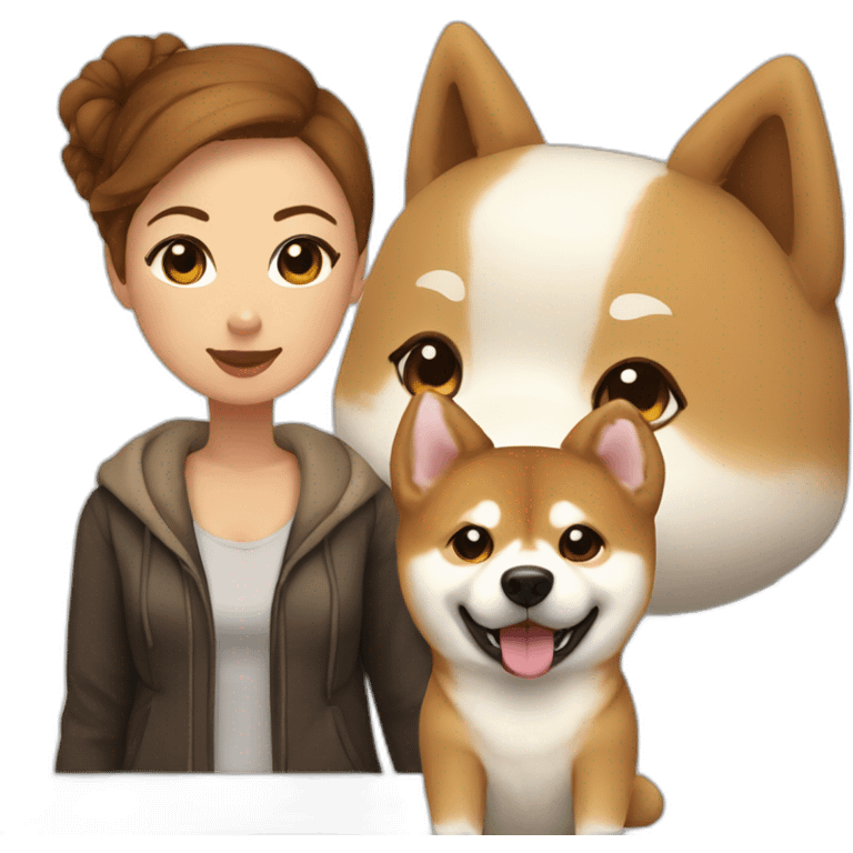 Cute Shiba with an white Hokkaido dog and their mistress, a woman with brown and curly hair emoji