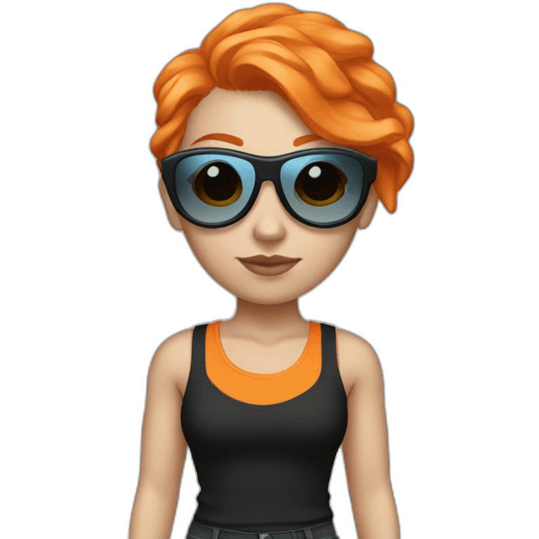 White girl with orange hair, futuristic sunglasses, light blue tank top and black pants emoji