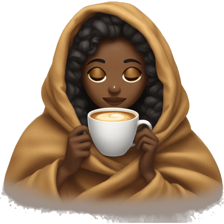 Black girl inside a blanket sipping coffee eyes closed emoji