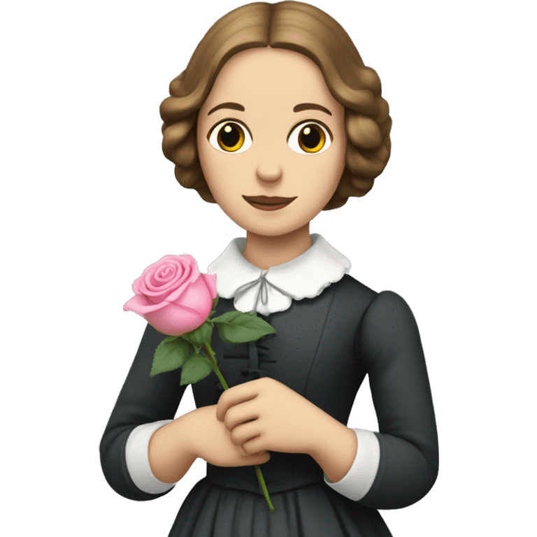 Charlotte Bronte holding a pink rose in her hand emoji