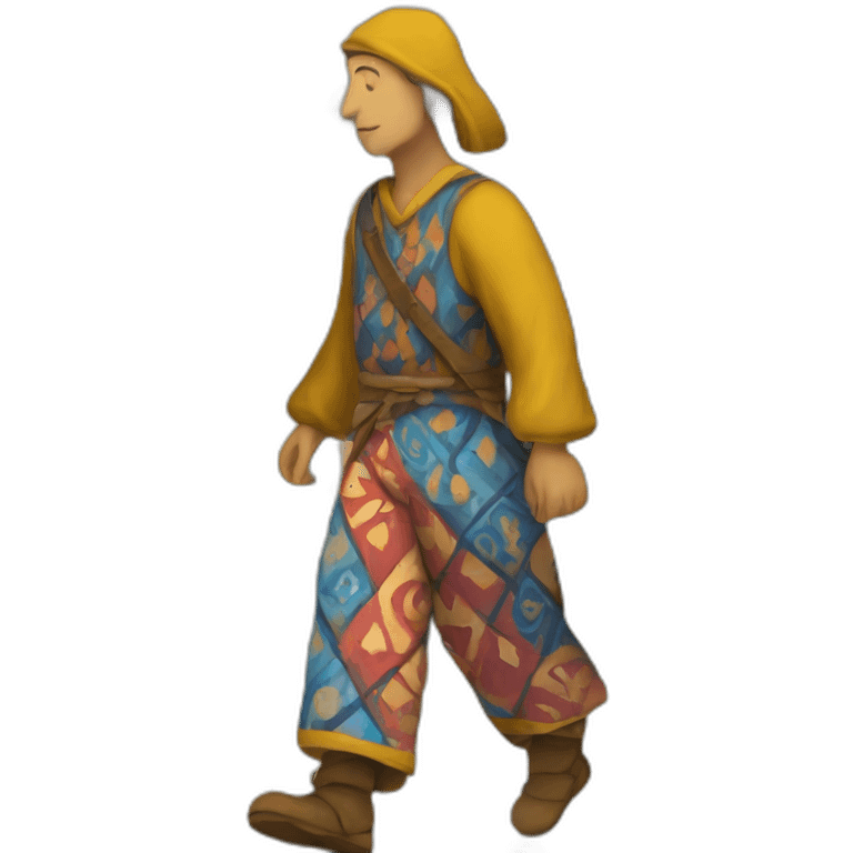 person wearing colorful pattern wide pants, walking, medieval emoji