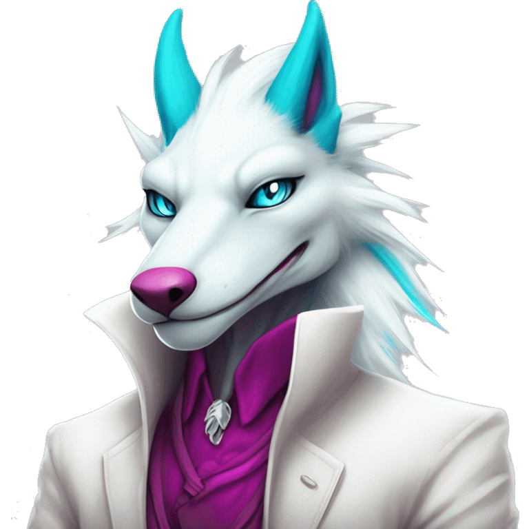 White elegant beautiful natural cute badass epic anthro modern albino sergal-vernid-Fakémon with cyan mane and magenta eyes with cyan edgy stripes, anthropomorphic, two-legged, digitigrade, full body emoji