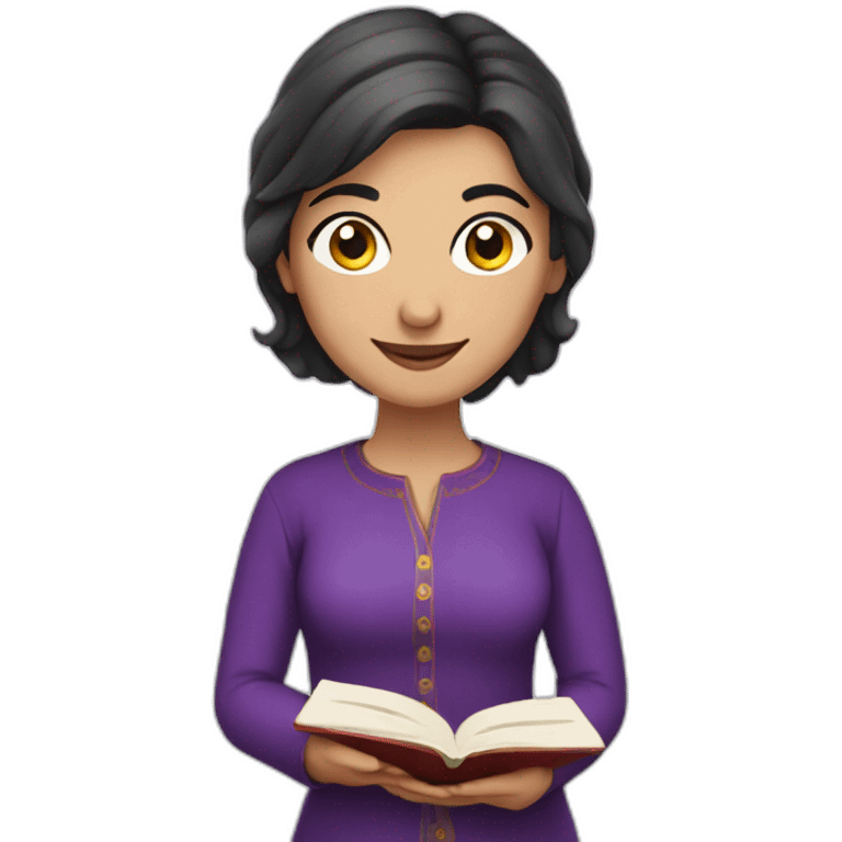 Armenian women with the purple clothes reading book and looking at camera and smiling  emoji