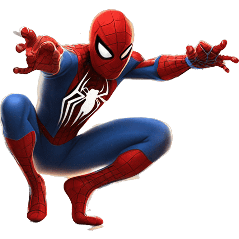 A heroic figure resembling Spider-Man, wearing a red and blue suit with a black web pattern, crouching on a building ledge with one hand extended, shooting a web. The background features a city skyline at sunset with glowing windows. emoji