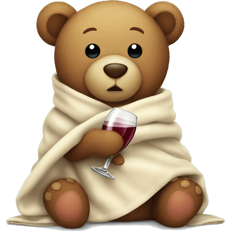 a Christmas teddy happy bear wrapped in a blanket drinks wine emoji