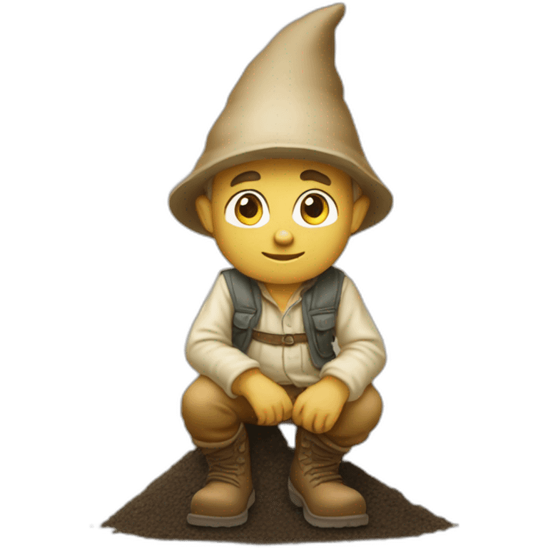 side view of gnome with light tan pants and light tan boots squatting in front of small dirt pile emoji