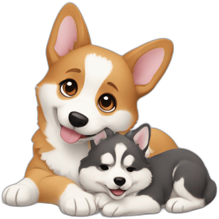 a "corgi puppy" cuddling with a "husky puppy" emoji