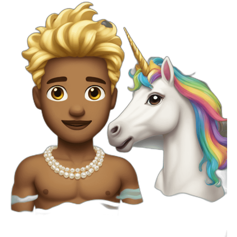 Posh-muscle-boy-with-pearl-necklace-and-rainbow-unicorn-hair-in-golden-bathtub emoji