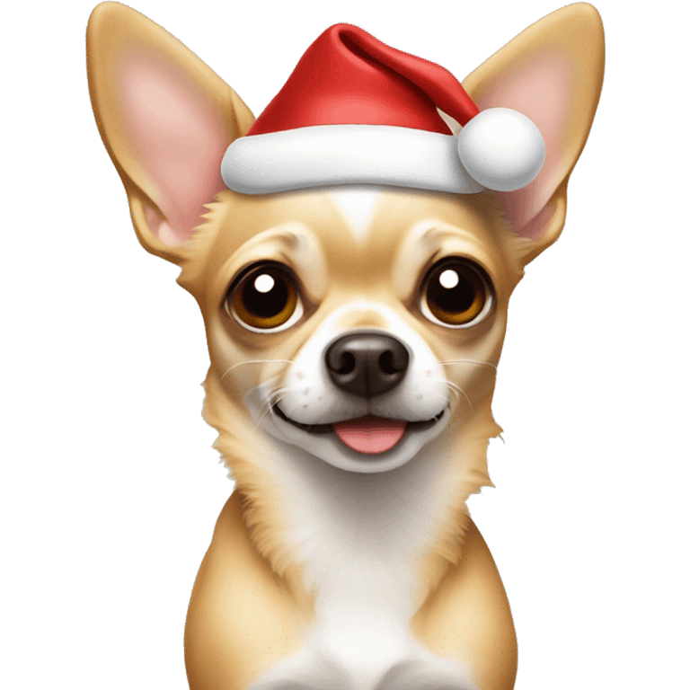 Tan chihuahua with floppy ears in a Santa hat emoji