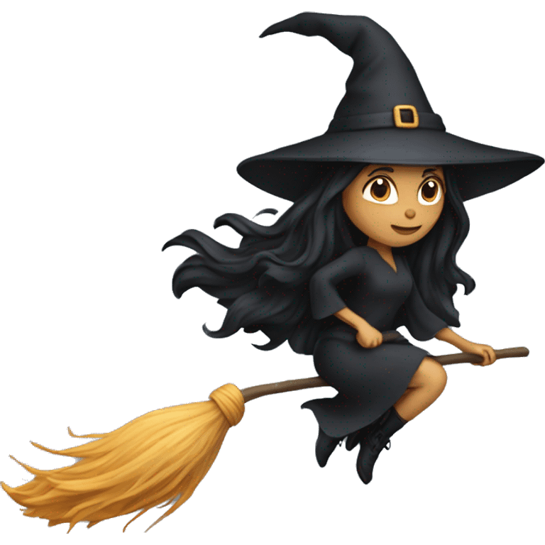 dark long hair witch flying on a broom white skin emoji