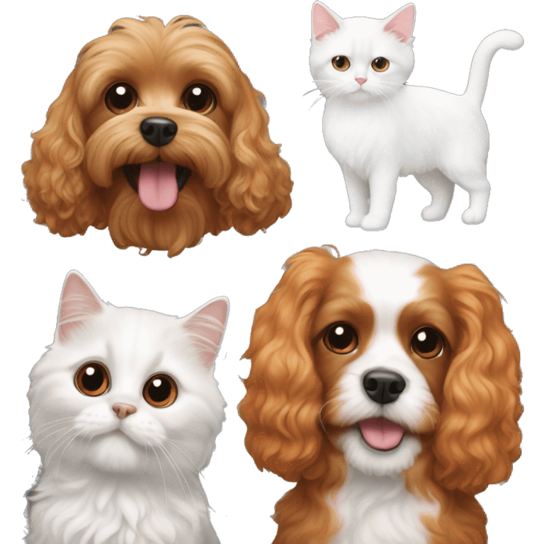 cavapoo dog next to a black, orange, and white colored cat emoji