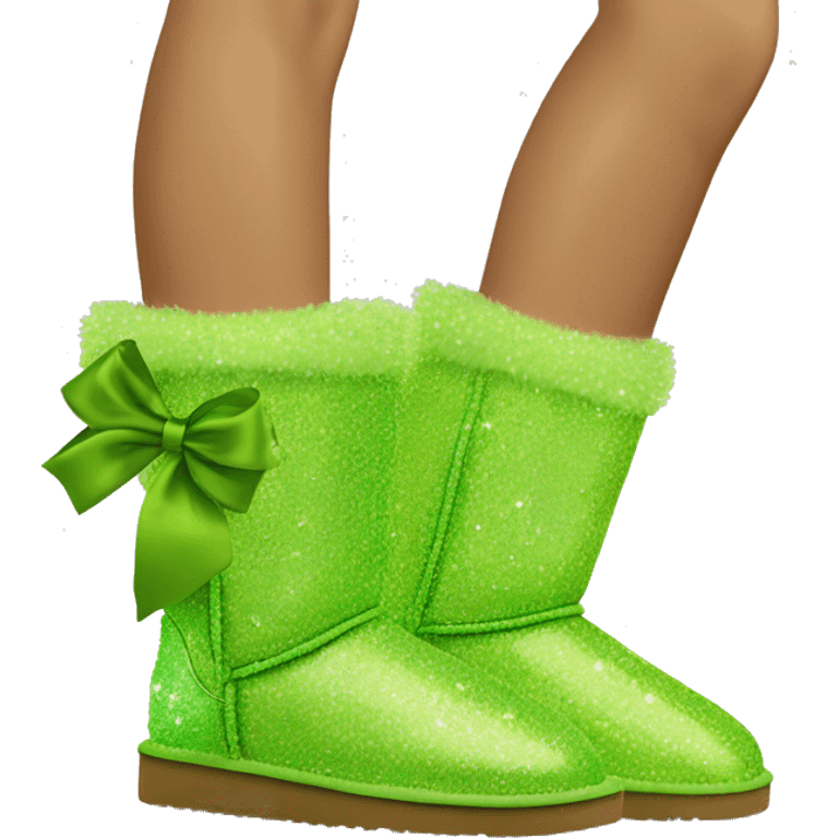 Realistic lime green Sparkle glitter and fur Ugg boots with lime green bow. emoji