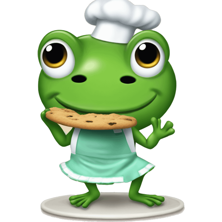 Frog baking cookies wearing a 1950s apron and fuzzy heels bent over emoji