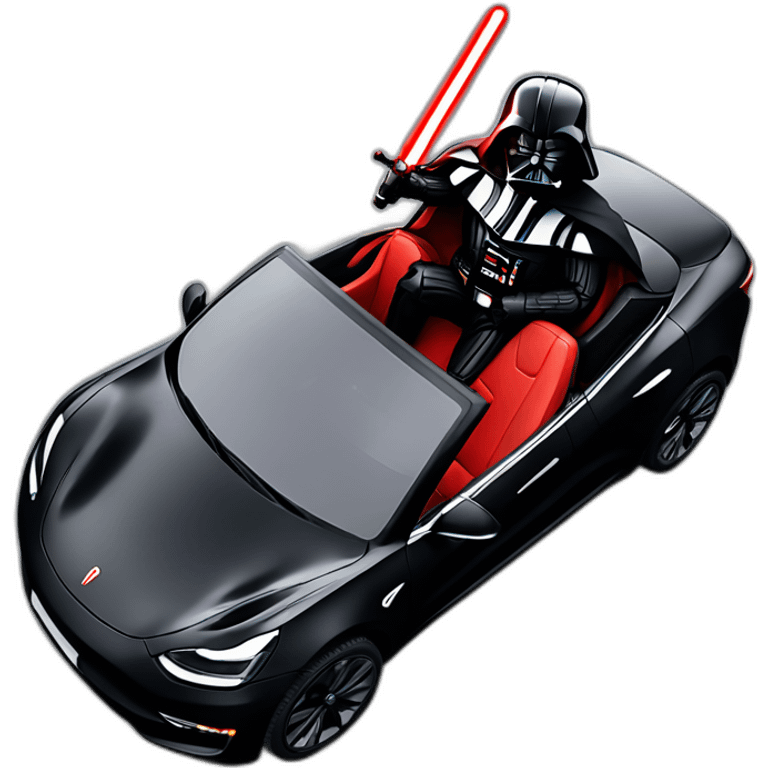 Darth Vader with red lightsaber on riding inside a open top black Tesla Model 3, front view emoji