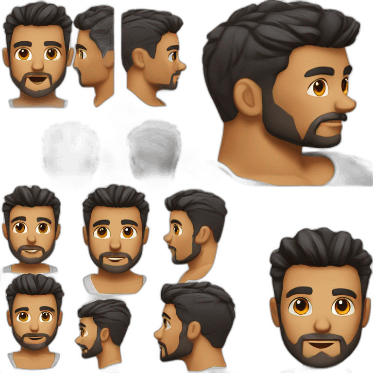 tanned skin male, short black hair with a skin fade haircut, good beard, white teeth, black t shirt approximately 32 years old, good beard, chest up, confident emoji