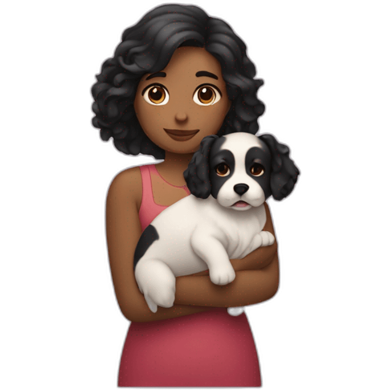 Plump girl with dark black wavy hairs holding dog in her arm emoji