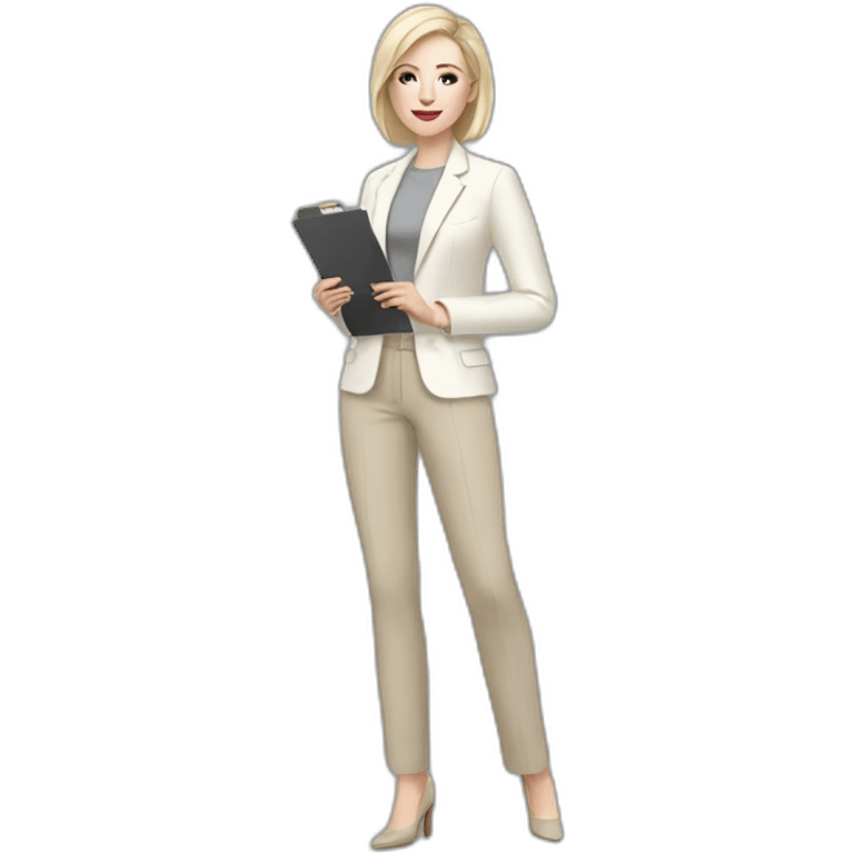 Full height pale skin woman with ash blonde Straightened bob Hair, White classical jacket, beige Arrow pants and gray blouse holding a color palette in the hands emoji