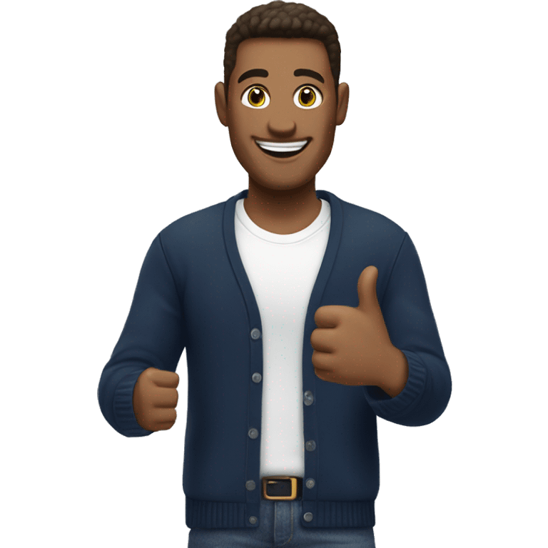 Smling man showing thumbs up, wearing navy cardigan and white t-shirt emoji