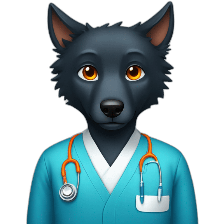 Black wolf with orange eyes wearing a blue doctor scrub emoji