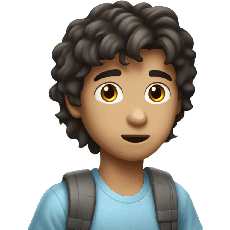 "Young person with medium-length, tousled dark hair, fair skin, and dark, expressive eyes looking slightly to the side. Wearing a light blue, casual T-shirt with a slightly surprised or curious expression." emoji