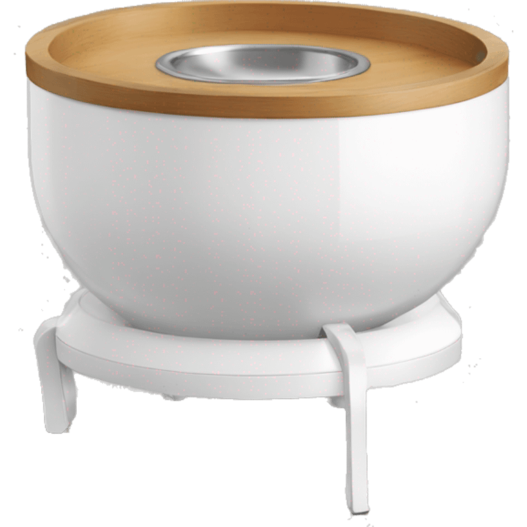 A modern, white manual pet feeder with wooden legs, a metal bowl at the bottom, a transparent front window, and a top lever for dispensing food. emoji