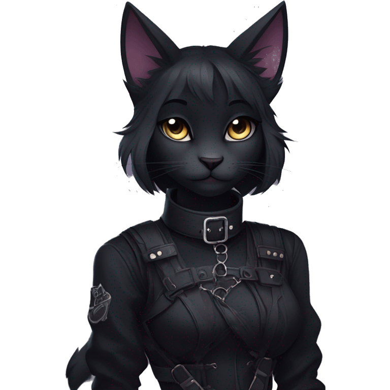 Gorgeous gothic dark techwear anime style anthro black cat furry with blushing face aesthetic and pretty edgy black with collar and harness trending style emoji