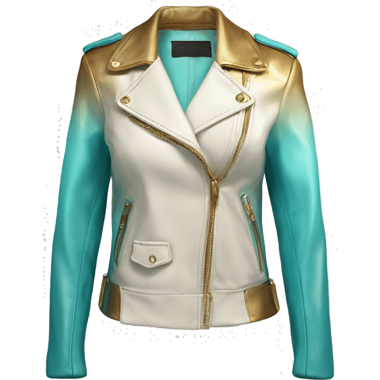 Hyper Realistic side view of an open light tiffany blue,cream and gold ombre feminine fashion leather jacket. emoji