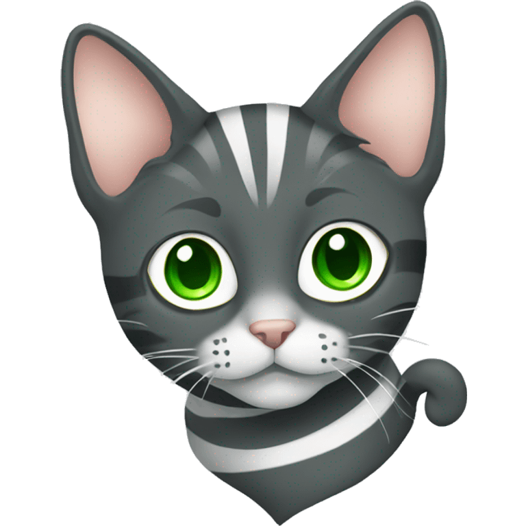 Cat dark grey with white stripes and with green eyes and emoji