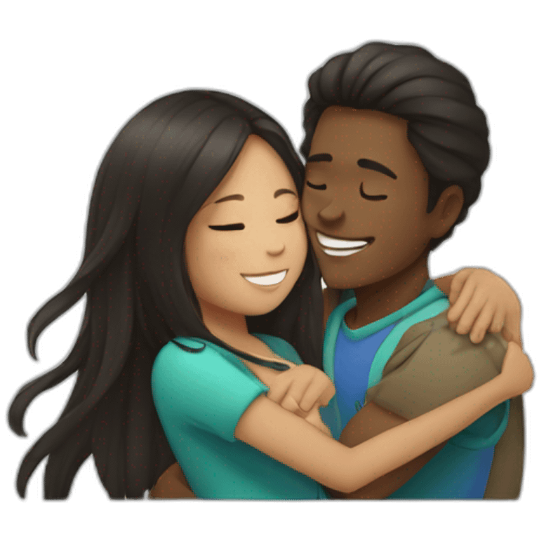 African young man hugging asian girl with long hair emoji