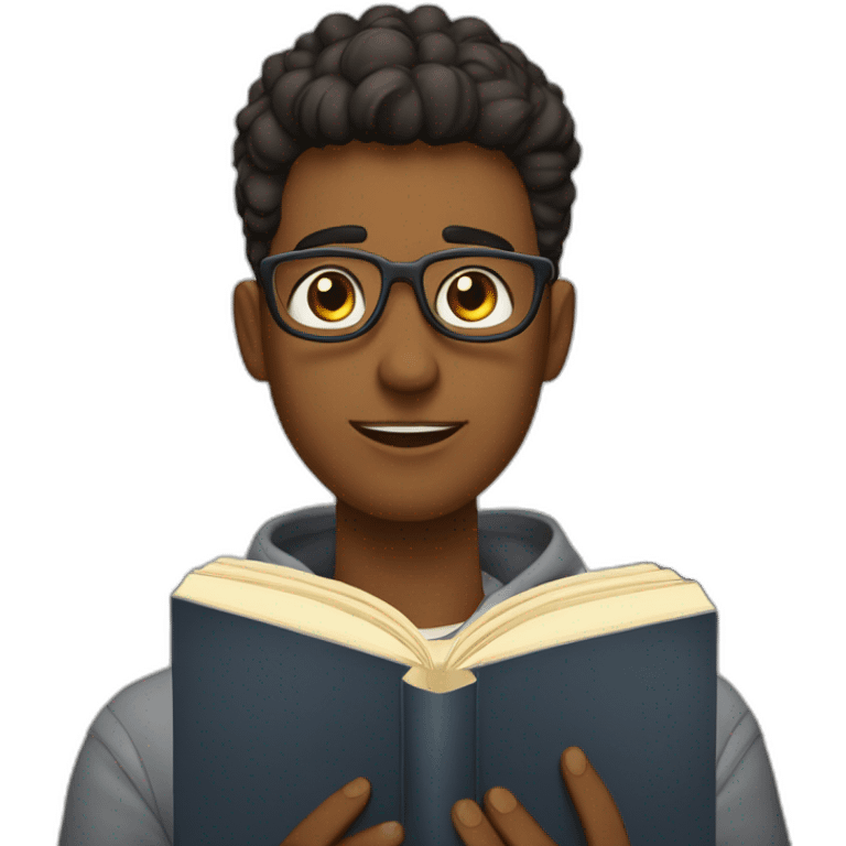 joven estudiante sentado sobre sus libros que son muchos y con un libro en sus manos y sobre su cabeza emoji