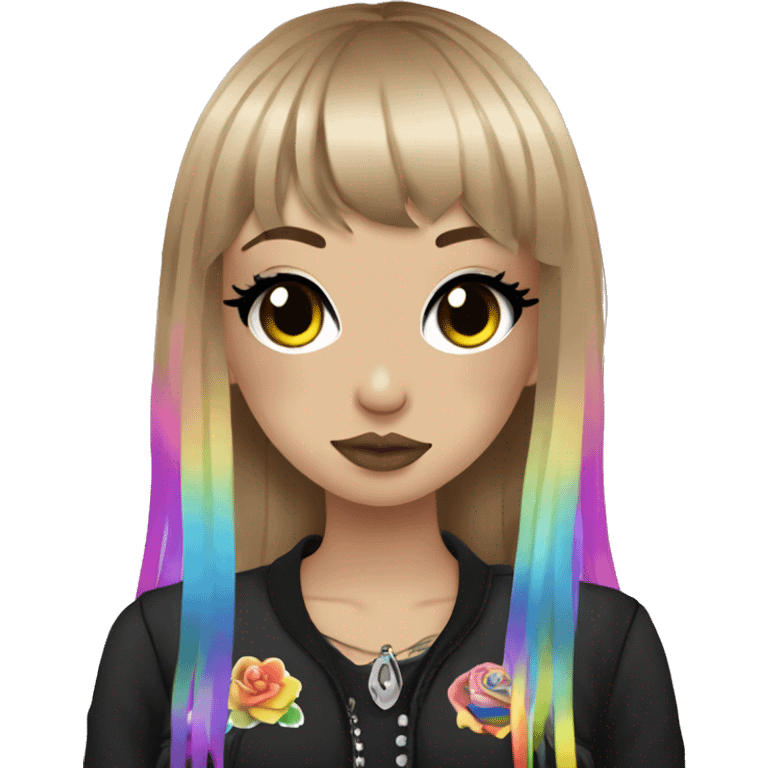 hime gyaru girl, long brown blonde hair with rainbow fringe, tattoos, dark makeup, goth grunge clothes emoji