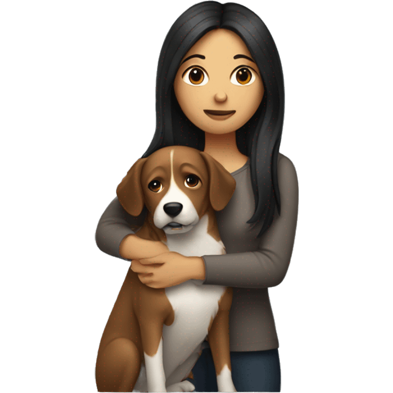 Woman with long dark hair hugging dog emoji