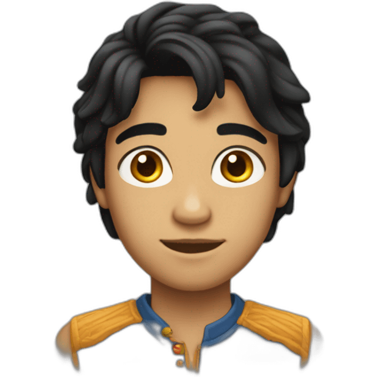 At the age of fourteen, he boasts black hair, resembling an Indian, with fair skin. emoji