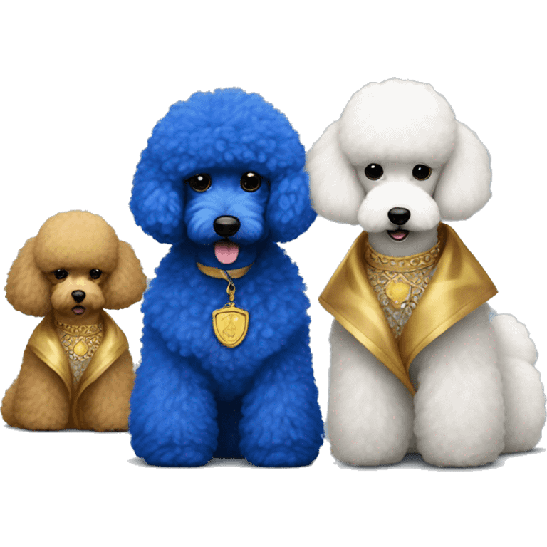 Royal blue and gold fur jackets on Black poodle and white poodle best friends emoji