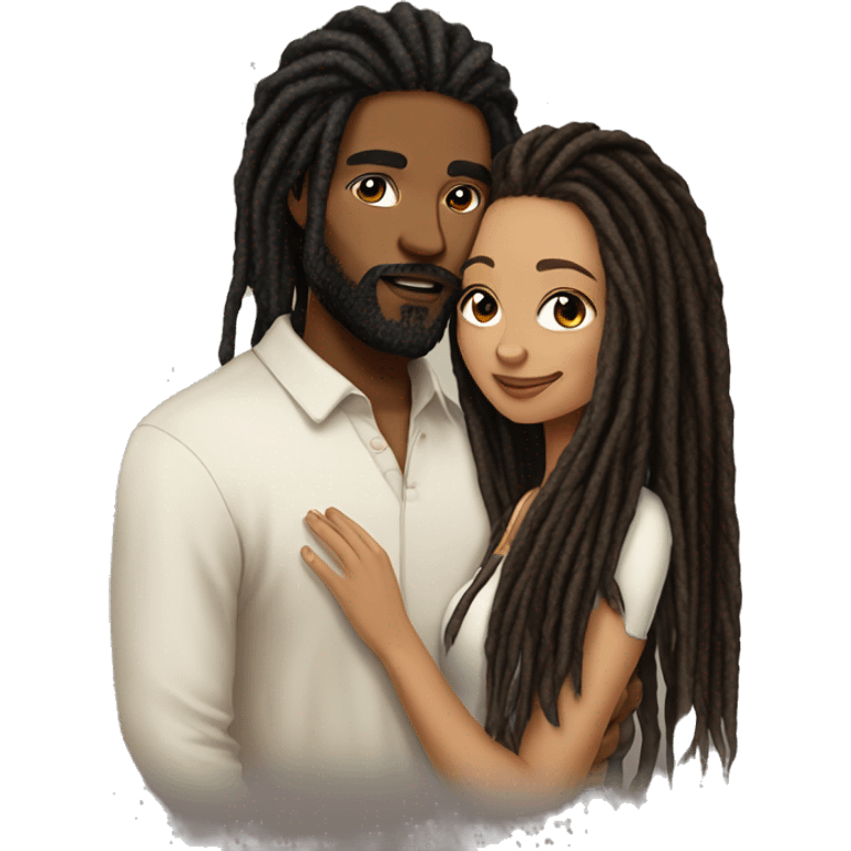 A lightskin woman long black dreadlocks with a brown skin man with a beard and long dreadlocks kissing her cheek emoji