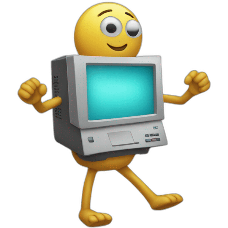 Anthropomorphic computer with arms and legs doing something random emoji