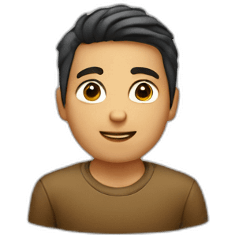 un chico de 13 años pelo castaño, corto, liso, usando una computadora emoji