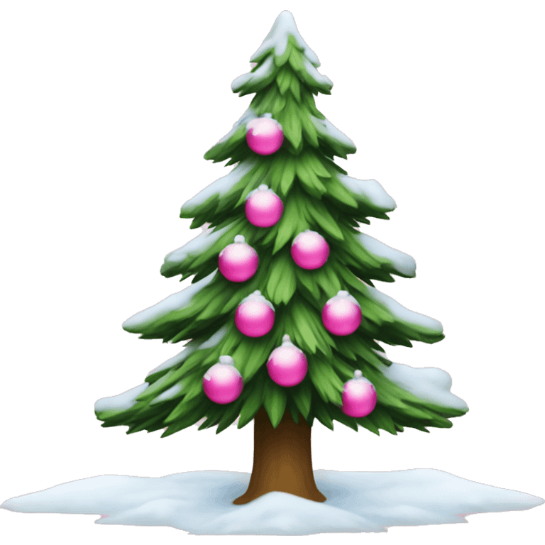 a pine christmas tree covered in snow with pink ornaments emoji