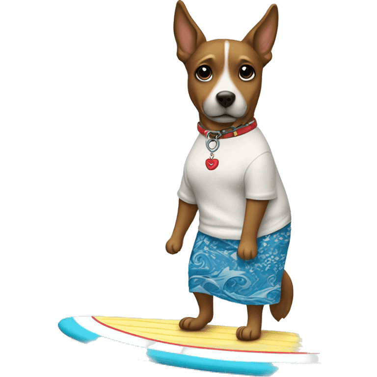 Dog in a skirt on a surf board￼￼ emoji