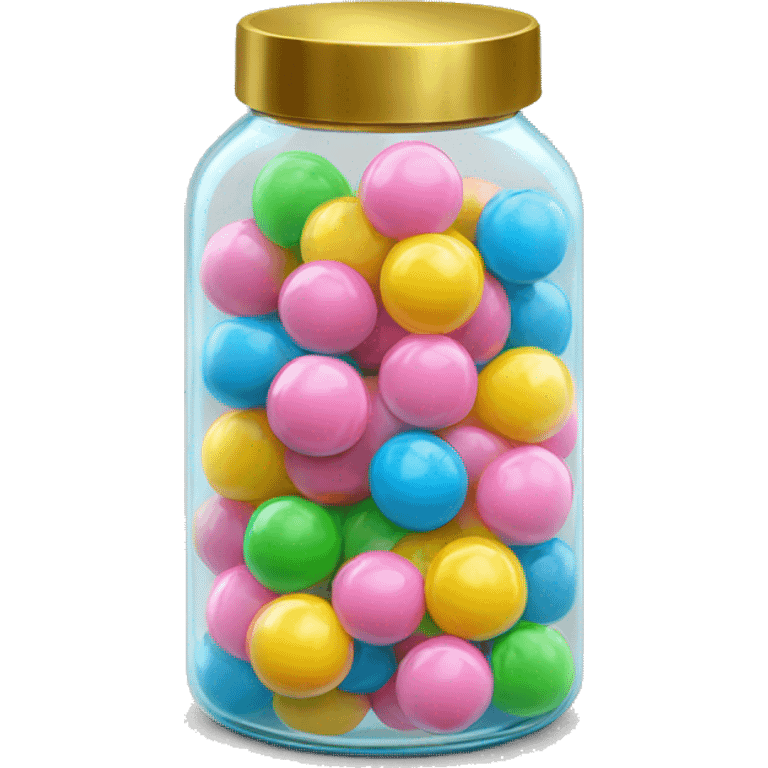 Realistic bubble gum balls in a glass jar with a gold screw on lid on the top. emoji