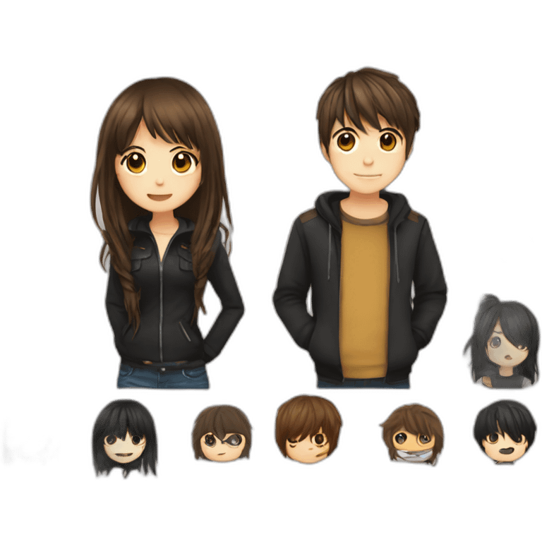 girl with long brown hair with bangs, japanese guy with emo bangs brown hair, couple emoji