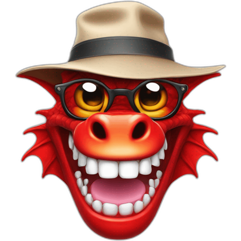 Crazy funny red dragon head with human white teeth and beautiful smile wearing glasses and hat emoji